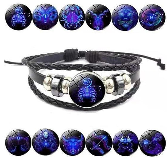 Zodiac Constellation Braided Design Black Leather Bracelet Adjustable