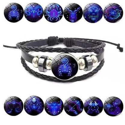 Zodiac Constellation Braided Design Black Leather Bracelet Adjustable